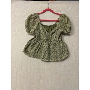 BP. Women Olive Green Floral Puff Sleeve Peplum Babydoll Top XS Sweetheart Neck